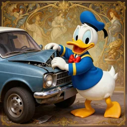 realistic photography of donald duck involved in a car crush, deep focus, intricate, elegant, highly detailed, digital painting, artstation, concept art, matte, sharp focus, illustration, art by artgerm and greg rutkowski and alphonse mucha