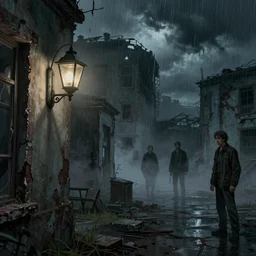 on a gloomy thunderstorm day, a dilapidated retro horror wax museum in the city ruins, the retro wall lamp emits faint light, strange mist, disaster film illustration, tintal light transmission effect, clear details, magnificent, by sergey vasnev and jan urschel, trending on artstation