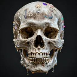 a melting dripping human skull. intricate abstract. intricate artwork. by Tooth Wu, wlop, beeple, dan mumford. octane render, trending on artstation, greg rutkowski, coherent, symmetrical artwork. cinematic, hyper realism, high detail, octane render, 8k, depth of field, bokeh. iridescent accents