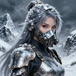 portrait of female ninja gaiden momiji, metalic frost cyber ninja respirator, stormy snowy fiji mountain, incredibly beautiful, armored, highly detailed, digital painting, final fantasy, sharp focus, behance contest winner, ultrafine illustrations by tian zi, james jean, ayanamikodon and irakli nadar, unreal 5 engine render