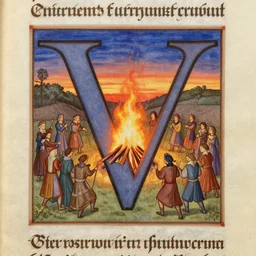 medieval illuminated manuscript showing a bonfire party at sunset around the letter v, 8 k, sharp focus, lighting study