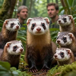 anthropomorphism ferret exploring the jungle, detailed faces, realistic faces, faces visible, lilia alvarado, sophie anderson, mark arian, bob byerley, charlie bowater, mark brooks, steve henderson, justin gerard a