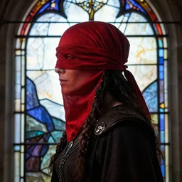 side - view portrait of the iorveth, scoia'tael leader, red cap, red bandana covering one eye, gothic stained glass window, very masterful
