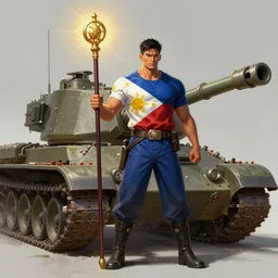 a filipino fighter holding a scepter standing next to a tank, fantasy, digital painting, volumetric light, intricate, sharp, focus, bloom, illustration, highly detailed, concept art, matte, ruan jia and greg rutkowski, masterpiece