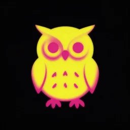 A yellow and magenta minimalist logo of an owl, created by The Designers Republic, y2k style