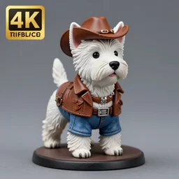 80mm resin detailed miniature of an anthropomorphic west highland white terrier-cowboy, Short brown leather jacket, denim short pants, ten-gallon hat; Product Introduction Photos, 4K, Full body