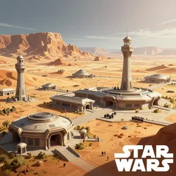 star wars concept art by greg rutkowski, salt plains with plateaus in the background, there are buildings and towers of a military base, very bright cinematographic light, hot and hostile atmosphere, artstation hq.