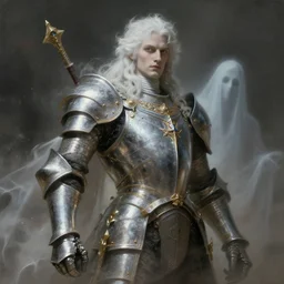 paladin and ghost, stoic, light dust, magnificent, hyperdetailed, theatrical, close up, masterpiece, painted by jean honore fragonard and greg rutkowski and rob alexander