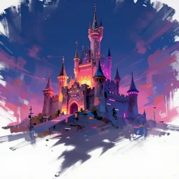 ismail inceoglu's concept art, cel shadow, film shooting, trends on artstation, high quality, brush strokes, bright colors, neon flashing cyberpunk city castle under the night sky - w 8 9 6 - c 1 4. 0