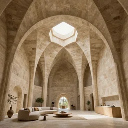 inside organic home made of sandstone. tall vaults, thin columns. very tall living room and kitchen. geodesic cellular geometry. architectural photography. octane render, 4 k, 8 k. volumetric lighting.