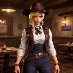 Inside a saloon bg. Screenshot of Android 18 from DBZ in western attire in the videogame 'Red Dead Redemption 2' within the interior of a saloon environment. Sharpened. 1080p. High-res. Ultra graphical settings.