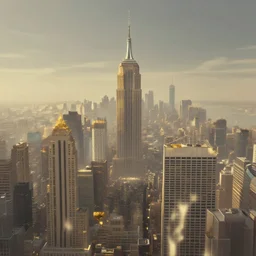 a retrowave style artwork of new york, a land of the dead, divine, hazy, volumetric lighting, spacetime bending, very detailed, serene, gold accents, washed out colors, beautiful artwork, master level composition, raytracing