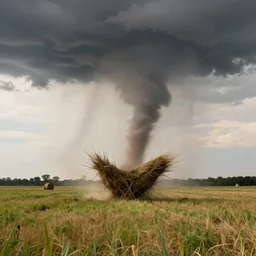 photograph of a tornado lifting hay in a grass field