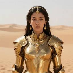 young dejah thoris on mars wearing detailed plate armor made of gold, portrait, extreme close - up, high noon, gold jewelry, elegant small tiara, giant sand dunes to the horizon, fantasy, photo from the 3 0's