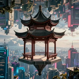 a very high resolution image from a new movie, upside - down old chinese pavilion and cyberpunk city, beautiful scenery, photorealistic, photography, directed by wes anderson