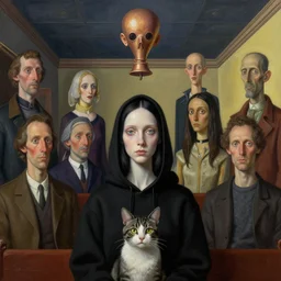 a highly detailed epic cinematic concept art cg render digital painting artwork : a pale girl with black hair in a black hoodie with a cat. by greg rutkowski, in the style of francis bacon and syd mead and norman rockwell and beksinski, open ceiling, highly detailed, painted by francis bacon and edward hopper, painted by james gilleard, surrealism, airbrush, ilya kuvshinov, wlop, stanley artgerm, very coherent, triadic color scheme, art by takato yamamoto and james jean