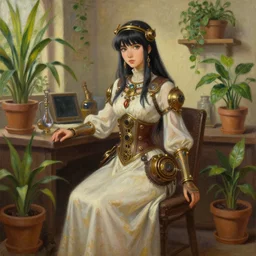 middle eastern scifi alchemist in a well lit study with potted plants, wearing a lovely dress with steampunk details. this oil painting by the award - winning mangaka has an interesting color scheme and impeccable lighting.