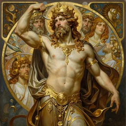 hyper realistic painting of zeus, gold ornaments, flowing fabric, intrincate detail, detailed faces by wayne barlowe, gustav moreau, goward, gaston bussiere and roberto ferri, santiago caruso, and austin osman spare, ( ( ( ( occult art ) ) ) ) bouguereau, alphonse mucha, saturno butto