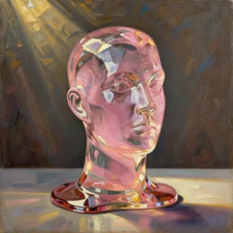still life painting of a melting pink glass mannequin head by pieter claesz, prisms, oil on canvas, strong lighting, highly detailed, hyper realism, golden hour, god rays, hd, 4 k