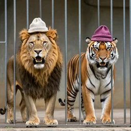 lion and a tiger roaring in cage at the zoo wearing hats