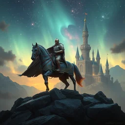 knight on horser armor cosmos, world fantasy beautiful castle, auroral lights, realistic artstation