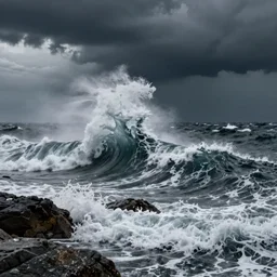 A beautiful experimental art of a raging storm at sea, with huge waves crashing against the rocks. The sky is dark and ominous, and the sea is rough and choppy.  by Desmond Morris offhand