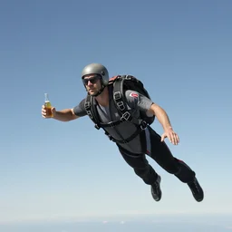 man holding his beer while flying his jetpack high in the sky