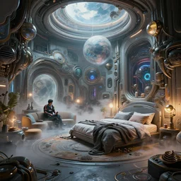 ( cyberpunk 2 0 7 7, bladerunner 2 0 4 9, overwatch ), a complex futuristic bedroom, by wlop, mars ravelo and greg rutkowski, biomechanical, lens orbs, global illumination, lounge, architectural, ground mist swirling vortexes, granular detail, by jungyeonmin and james jean, jhonseru, hypermaximalist, micro details, 3 d sculpture,