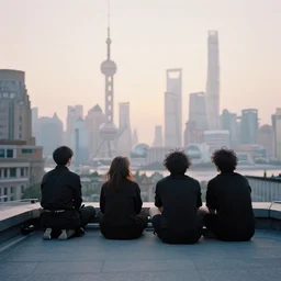 a small rooftop with a couple of people sitting and watching the view, wearing black modern clothes, messy hair, modern shanghai bund in smog is on the background, sunset, pale colors, by gregory crewdson