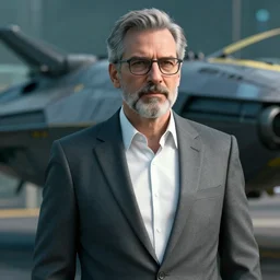 corporate man in a gray suit with white shirt and glasses, with facial features how wallace breen, with gray hair and a beard standing near av - 4 in cyberpunk