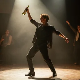 a man boisterously dancing around the room by himself holding an empty bottle, dramatic lighting, award-winning photo UHD, 4K