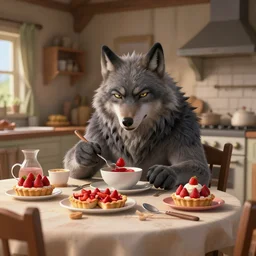 cute handsome cuddly burly surly relaxed calm timid werewolf from van helsing sitting down at the breakfast table in the kitchen of a normal country home cooking having fun lighthearted whimsy baking strawberry tart cakes unreal engine hyperreallistic render 8k character concept art masterpiece screenshot from the video game the Elder Scrolls V: Skyrim