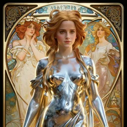 highly detailed vfx portrait of emma watson as statue, stephen bliss, unreal engine, chrome reflect, greg rutkowski, tom bagshaw, alphonse mucha, global illumination, detailed and intricate environment