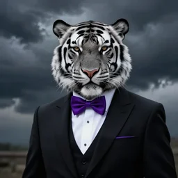 portrait of a black and white anthropomorphic tiger wearing a purple bow tie and a black suit with stormy weather in the background by greg rutkowski, realism, dark fantasy, trending on artstation