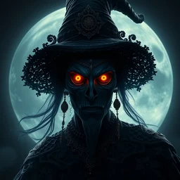 portrait of moon witch, beautiful, attractive, glowing, jaw dropping, magical, dynamic lighting, dark, menacing, 4 k, octane render, age 2 0, background moon, intricate and ornate