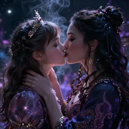 beautiful sorceress kissing and embracing a cute magic girl, lips softly touching, eyes locked in each other's gaze, steamy passionate love, dreamy, desire, astral realm, ultra hd + 8 k render + cinematic lighting