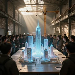sparse crowd of people in walled warehouse, looking at hologram of futuristic city on a table, cinematic concept art, godrays, golden hour, natural sunlight, 4 k, clear details, tabletop model buildings, center model buildings, hologram center, crane shot, crane shot, crane shot