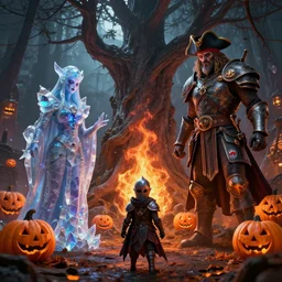 by par olofsson and wayne barlowe, visually stunning, cinematic, ultra realistic, hyper realism, 1 2 k, epic, octane render, unreal engine, vfx, maya, tiny knight of evil, crystalline oracle, spiritspeaker azun, felfire potion, the halloween tree, sad jack - o - lanterns, sunfury protector, patches the pirate