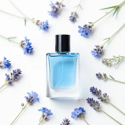 cool blue perfume bottle surrounded by a plethora of sparse cool blue and lavendar flowers and green stems, bright white realistic, up close shot, white background, zen, light, modern minimalist f 2 0 clean
