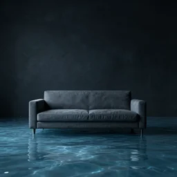 a room with a single couch, the room is filled halfway full with water, liminal space, dark, hyper realistic, highly detailed.