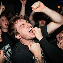 a man getting his tooth knocked out in the mosh pit of a hardcore punk show