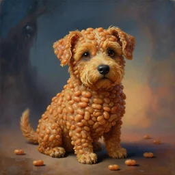painting of a very cute dog fused with british baked beans, dog is made of baked beans, baked bean skin texture, by zdzislaw beksinski, by dariusz zawadzki, by wayne barlowe, gothic, surrealism, cosmic horror, lovecraftian, cold hue's, warm tone gradient background, concept art, beautiful composition