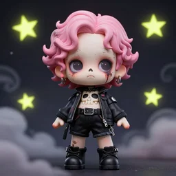 pinup pose, portrait of a grungy skull anime and chibi very cute doll by super ss, cyberpunk fashion, nendoroid, kawaii, curly pink hair, night sky, looking up, swirly clouds, neon yellow stars, by wlop, james jean, victo ngai, muted colors, highly detailed