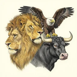 morph of four faces : man, lion, eagle, bull. drawn by zdzislaw beksinski