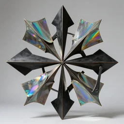 metal sculpture geometric symmetrical forms and iridescent glass elements with sunlight rainbow reflections style of ivan black, jack storms _ yunchul kim _ anthony howe