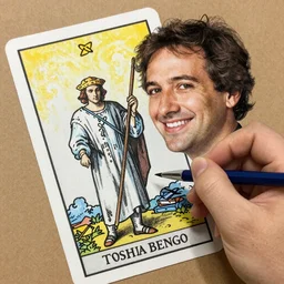 Yoshua Bengio smiling drawn on the Tarot card. Illustration by preraphaelists.