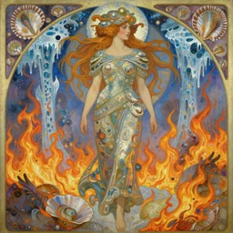female warrior + oil painting, adorned with mysterious shells walking through a landscape made of fire, ice and dripping with dreams. illustration by alphonse mucha and craig mullins and james jean.