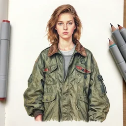 a copic maker realistic portrait of a russian girl very detailed features by yoshiyuki sadamoto, alphons mucha norman rockwell wearing a pilot suit cargo streetwear -, chic'techno fashion trend by issey miyake and balenciaga 8 k