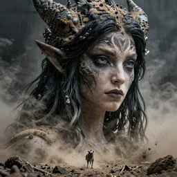 close - up gorgeous lilith, long black hair, the mother of all monsters dusty, destroyer! of worlds, void eyes, raining ash & smoke, fine art masterpiece, highly detailed dino valls wayne barlowe machiej kuciara, dramatic lighting, long shot, wide angle, uhd 8 k, sharp focus