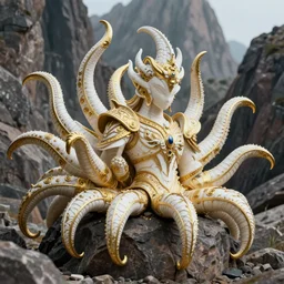 a photo of 8k ultra rocky landscape, 8 intricate white and gold tentacles, ornate white and gold armour, cinematic lighting, trending on artstation, 4k, hyperrealistic, focused, high details, unreal engine 5, cinematic, masterpiece